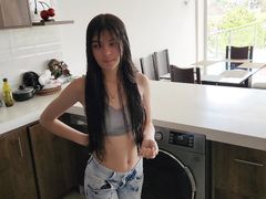 His stepsister needs help with the washing machine, he helps her undress and fucks her Tight jeans